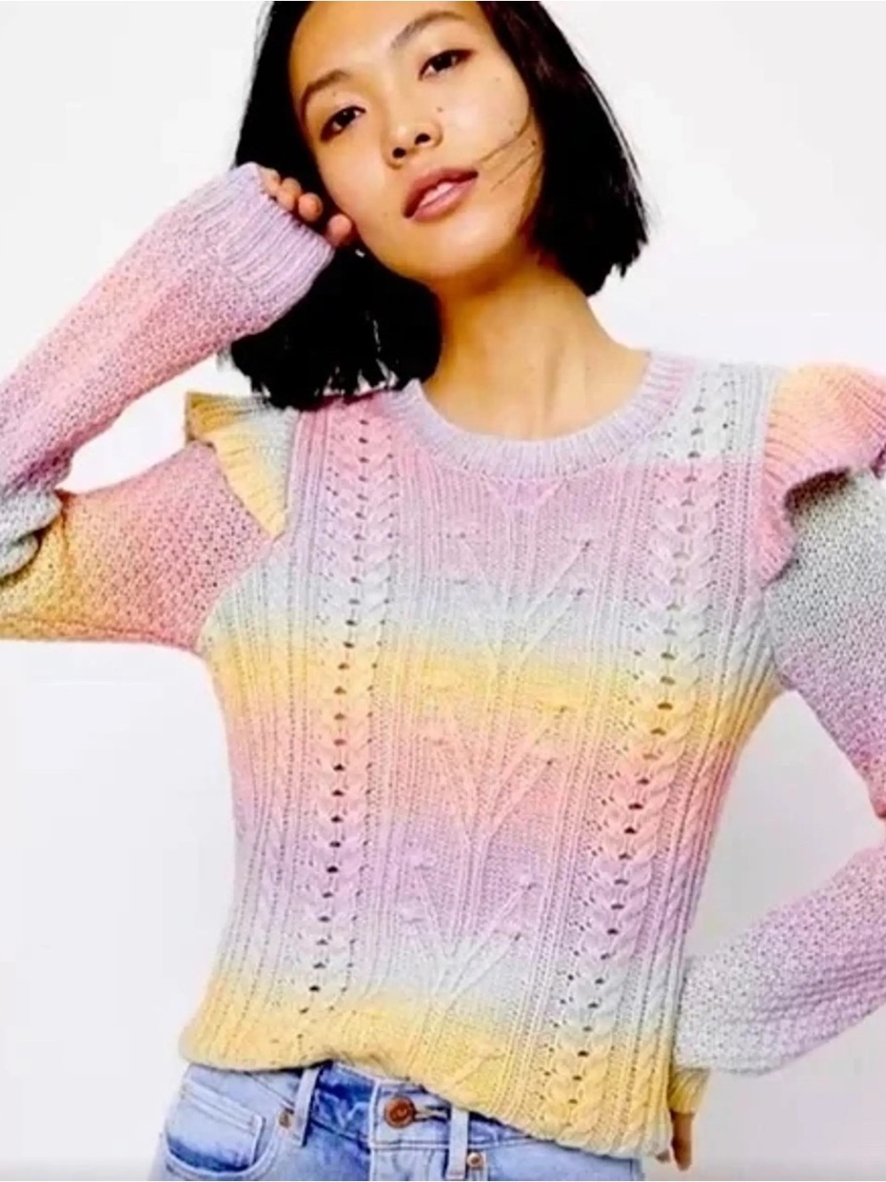 LOFT Pastel Rainbow Stripe Ruffle-Shoulder Crewneck Sweater